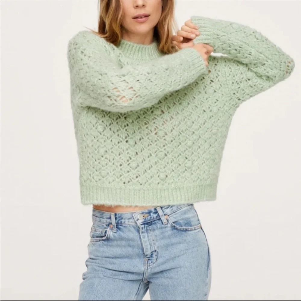 Mango Openwork Knit Sweater Chunky Pom Rounded Neckline Ribbed Trim Pastel Sz XL - Picture 3 of 8